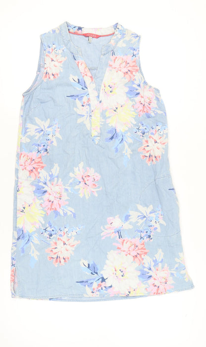 Joules Womens Blue Floral Cotton Shift Dress Size 10 Sleeveless V-Neck