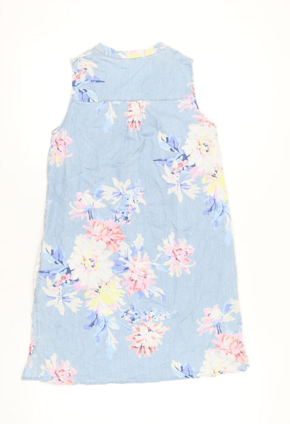 Joules Womens Blue Floral Cotton Shift Dress Size 10 Sleeveless V-Neck