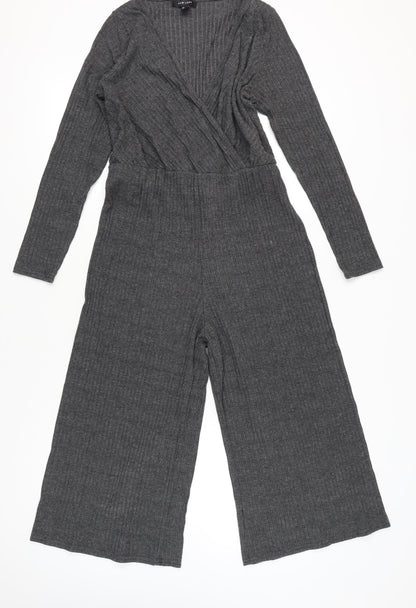 New Look Women Grey Knit Wide-Leg Long Sleeve Belted Jumpsuit Size 14