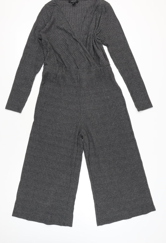 New Look Women Grey Knit Wide-Leg Long Sleeve Belted Jumpsuit Size 14