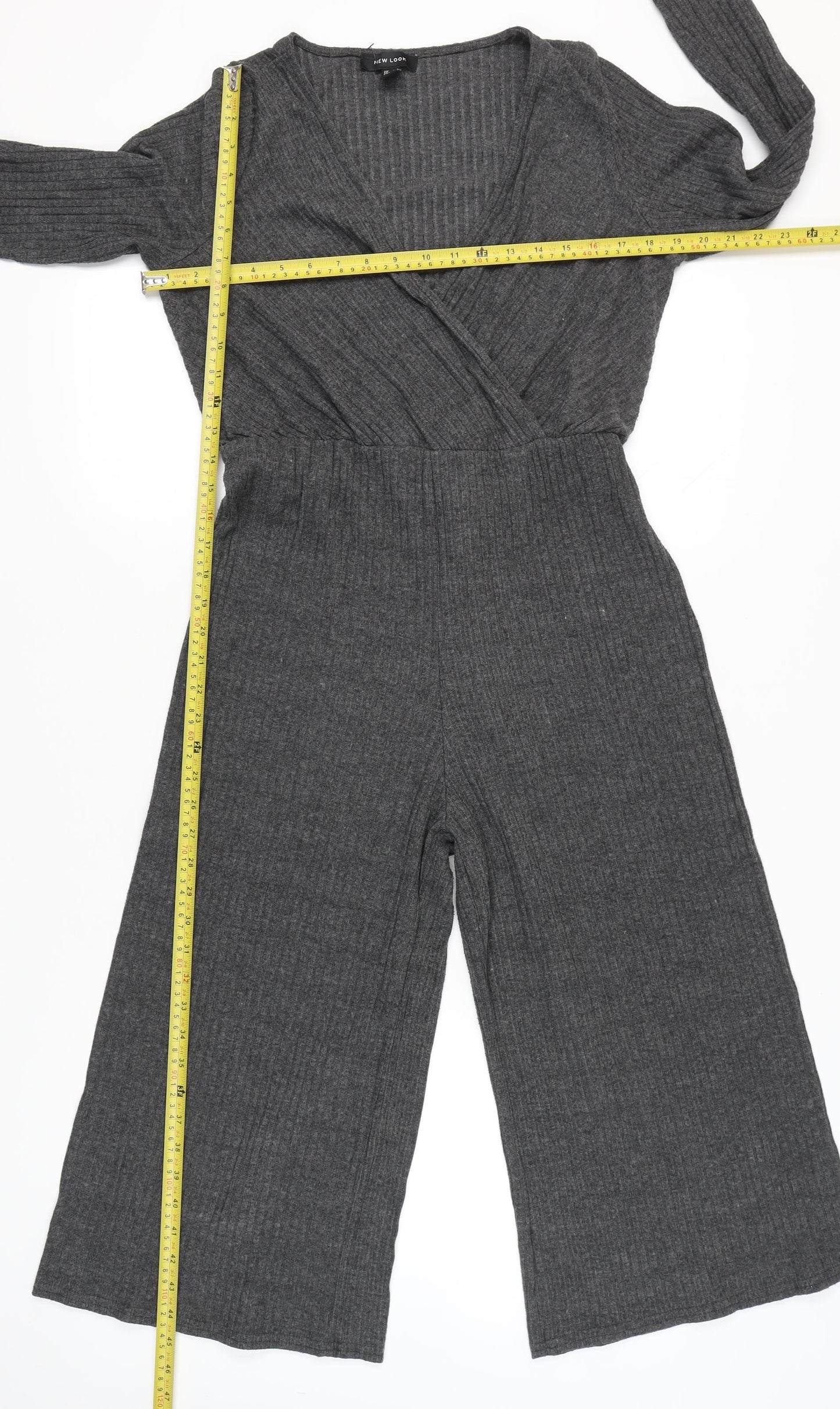 New Look Women Grey Knit Wide-Leg Long Sleeve Belted Jumpsuit Size 14