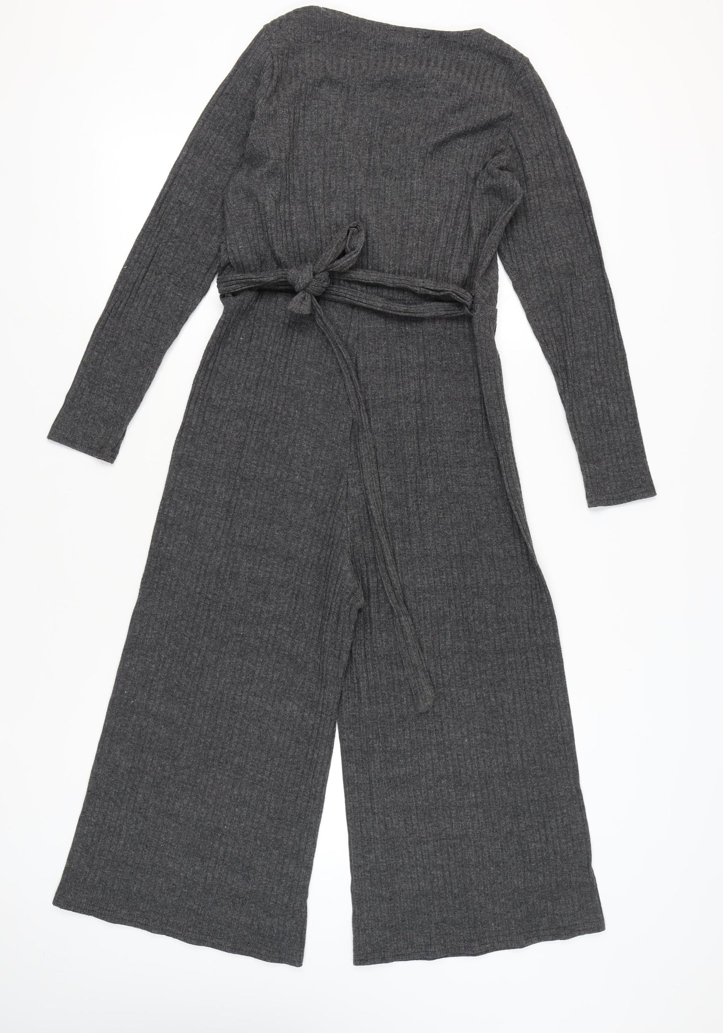 New Look Women Grey Knit Wide-Leg Long Sleeve Belted Jumpsuit Size 14