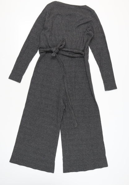 New Look Women Grey Knit Wide-Leg Long Sleeve Belted Jumpsuit Size 14