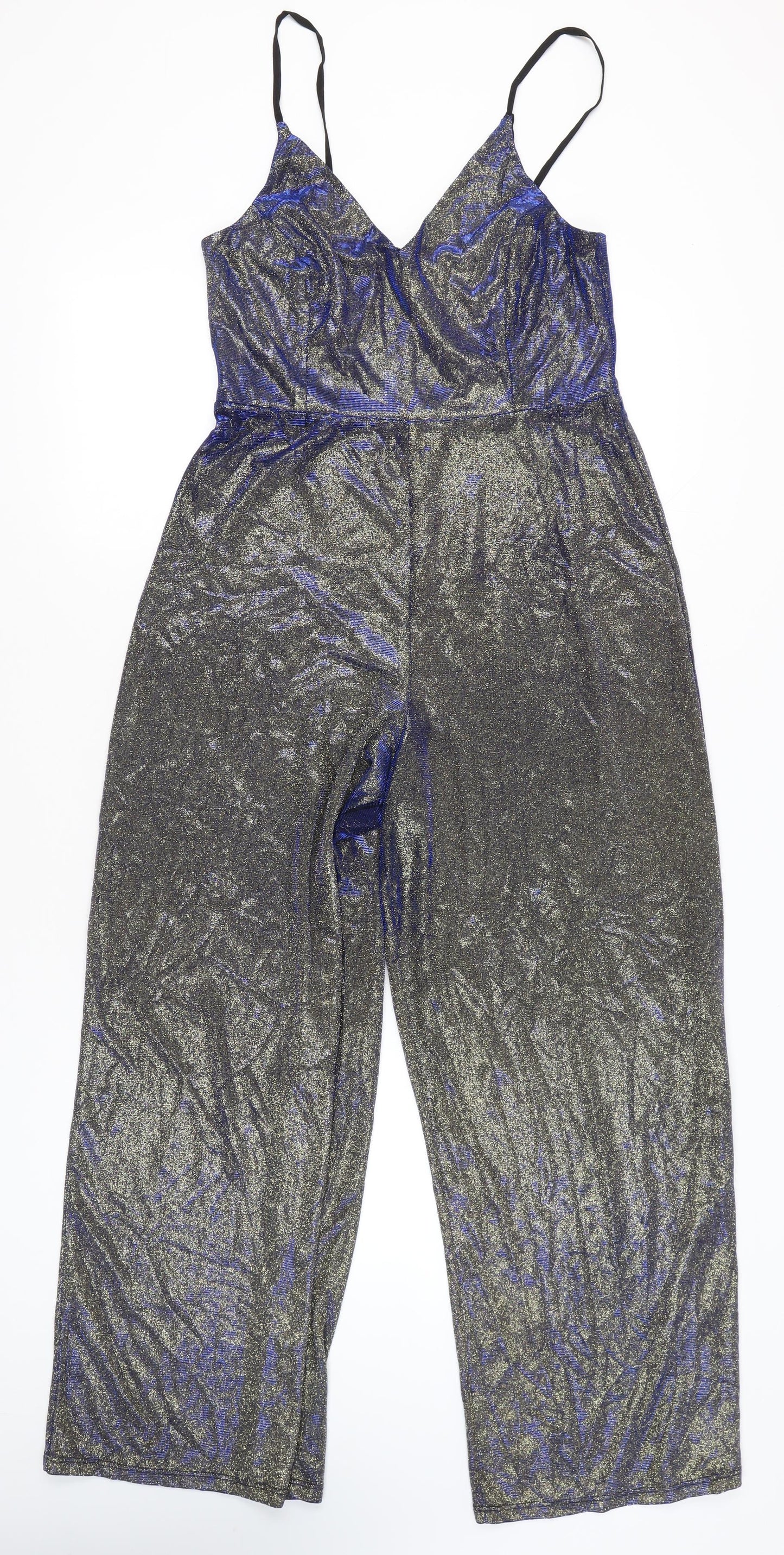 Miss Selfridge Women’s Silver Metallic Wide-Leg Jumpsuit UK 14 V-Neck
