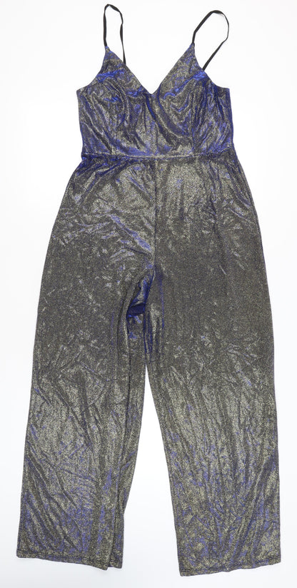 Miss Selfridge Women’s Silver Metallic Wide-Leg Jumpsuit UK 14 V-Neck