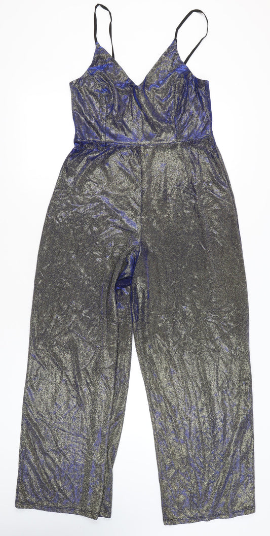 Miss Selfridge Women’s Silver Metallic Wide-Leg Jumpsuit UK 14 V-Neck
