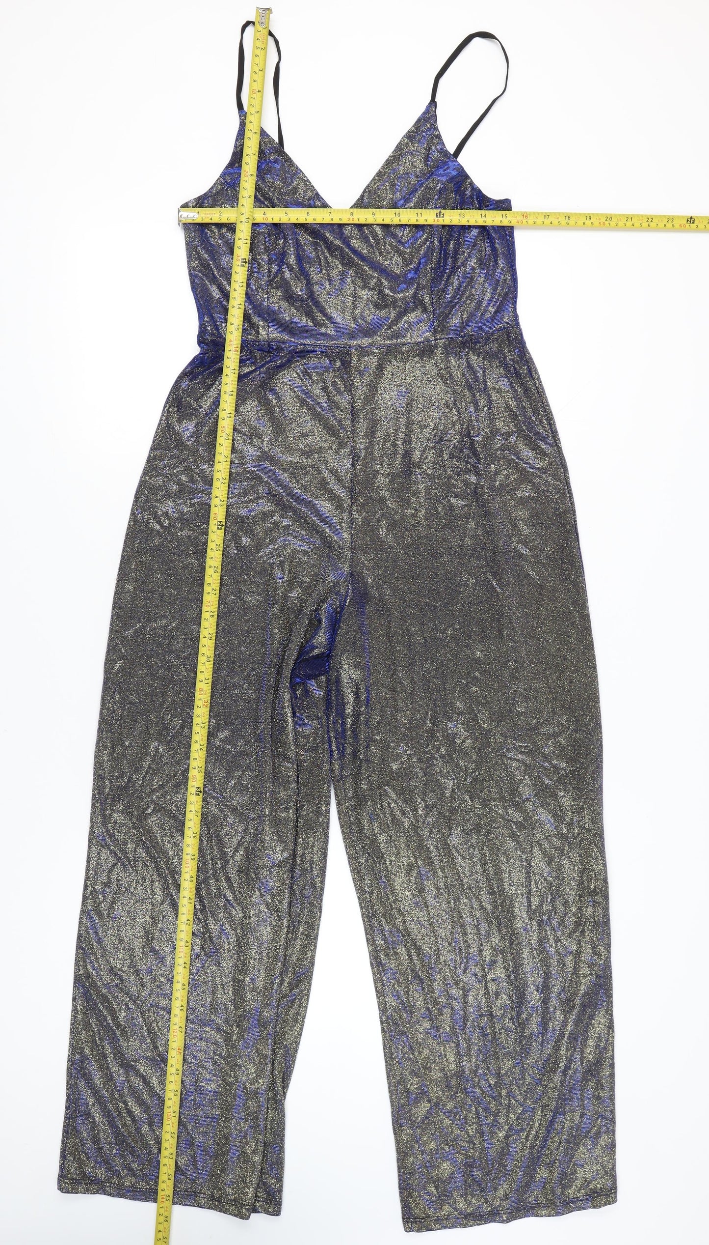 Miss Selfridge Women’s Silver Metallic Wide-Leg Jumpsuit UK 14 V-Neck