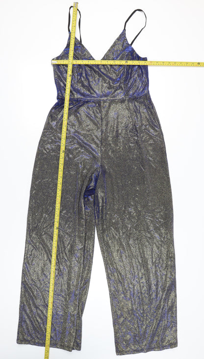 Miss Selfridge Women’s Silver Metallic Wide-Leg Jumpsuit UK 14 V-Neck