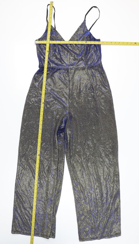 Miss Selfridge Women’s Silver Metallic Wide-Leg Jumpsuit UK 14 V-Neck