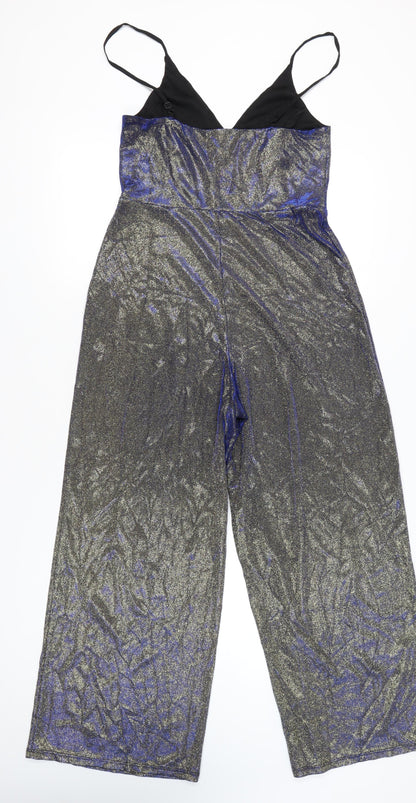 Miss Selfridge Women’s Silver Metallic Wide-Leg Jumpsuit UK 14 V-Neck