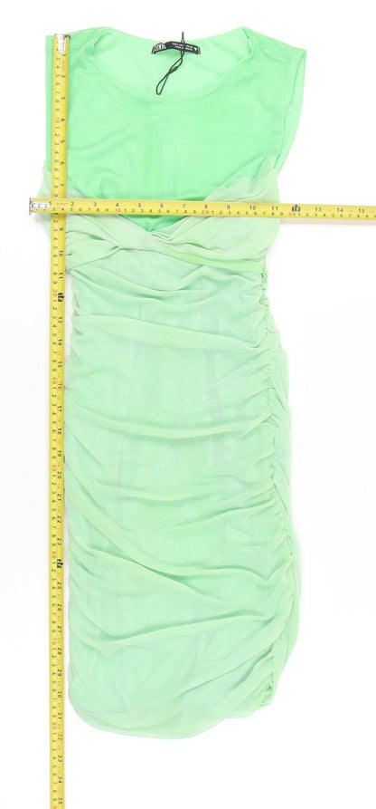 Zara Women Green S Bodycon Ruched Scoop Neck Sleeveless Mini Dress
