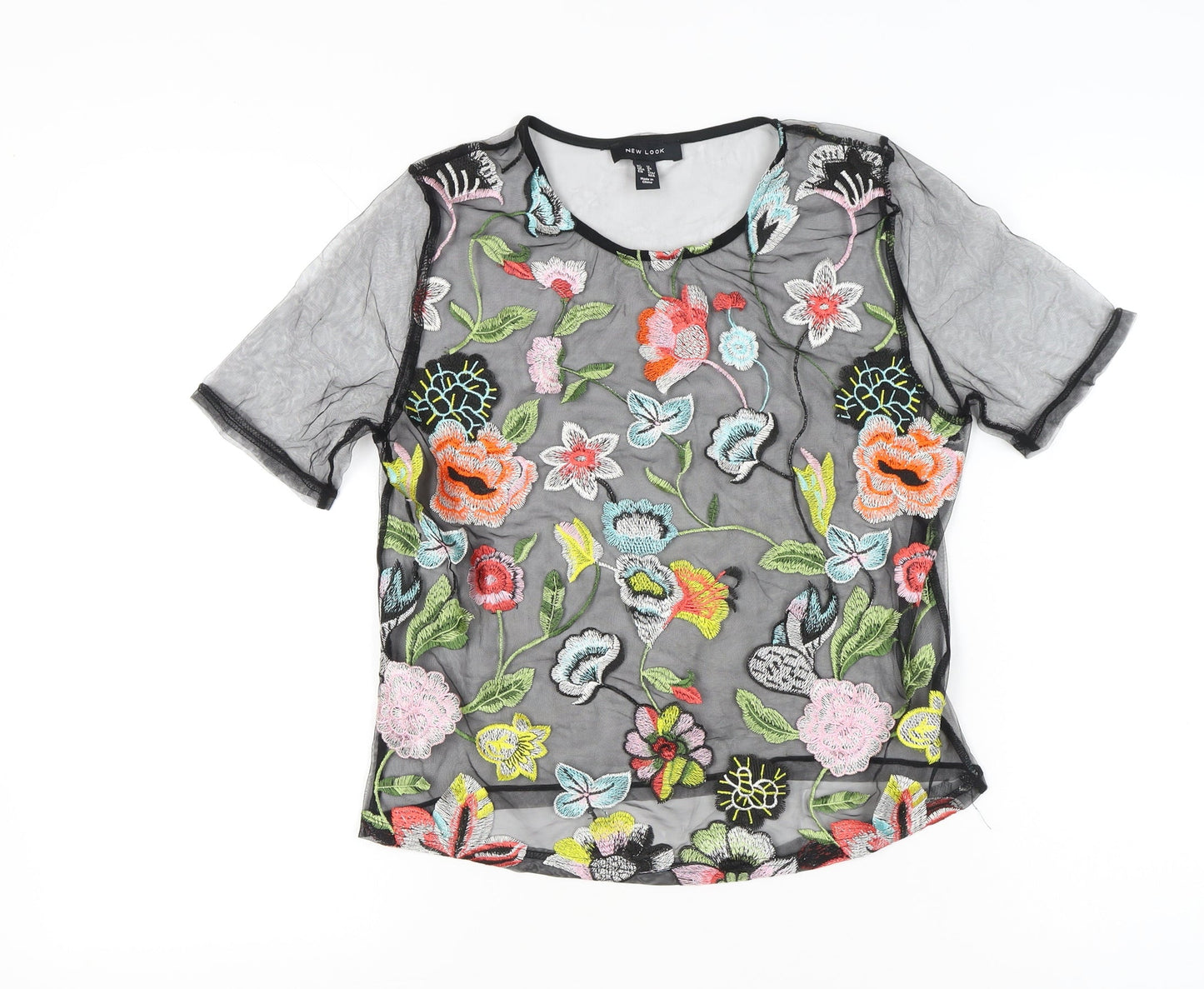 New Look Women’s Black Floral Embroidered Mesh Blouse UK 12