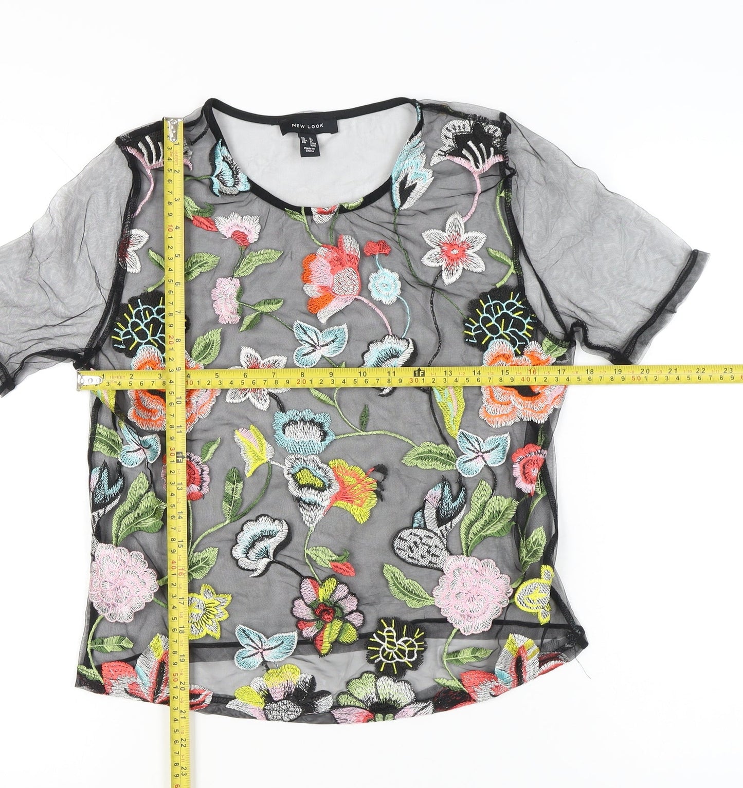 New Look Women’s Black Floral Embroidered Mesh Blouse UK 12