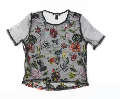 New Look Women’s Black Floral Embroidered Mesh Blouse UK 12