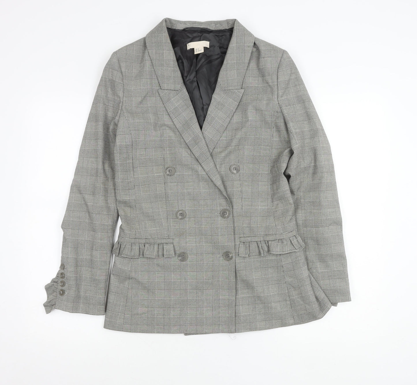 H&M Women Grey Check Double-Breasted Blazer Jacket Size 6