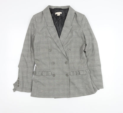 H&M Women Grey Check Double-Breasted Blazer Jacket Size 6