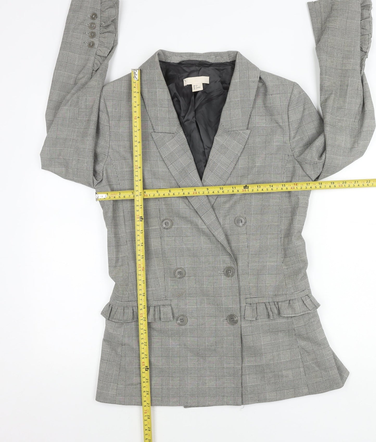 H&M Women Grey Check Double-Breasted Blazer Jacket Size 6