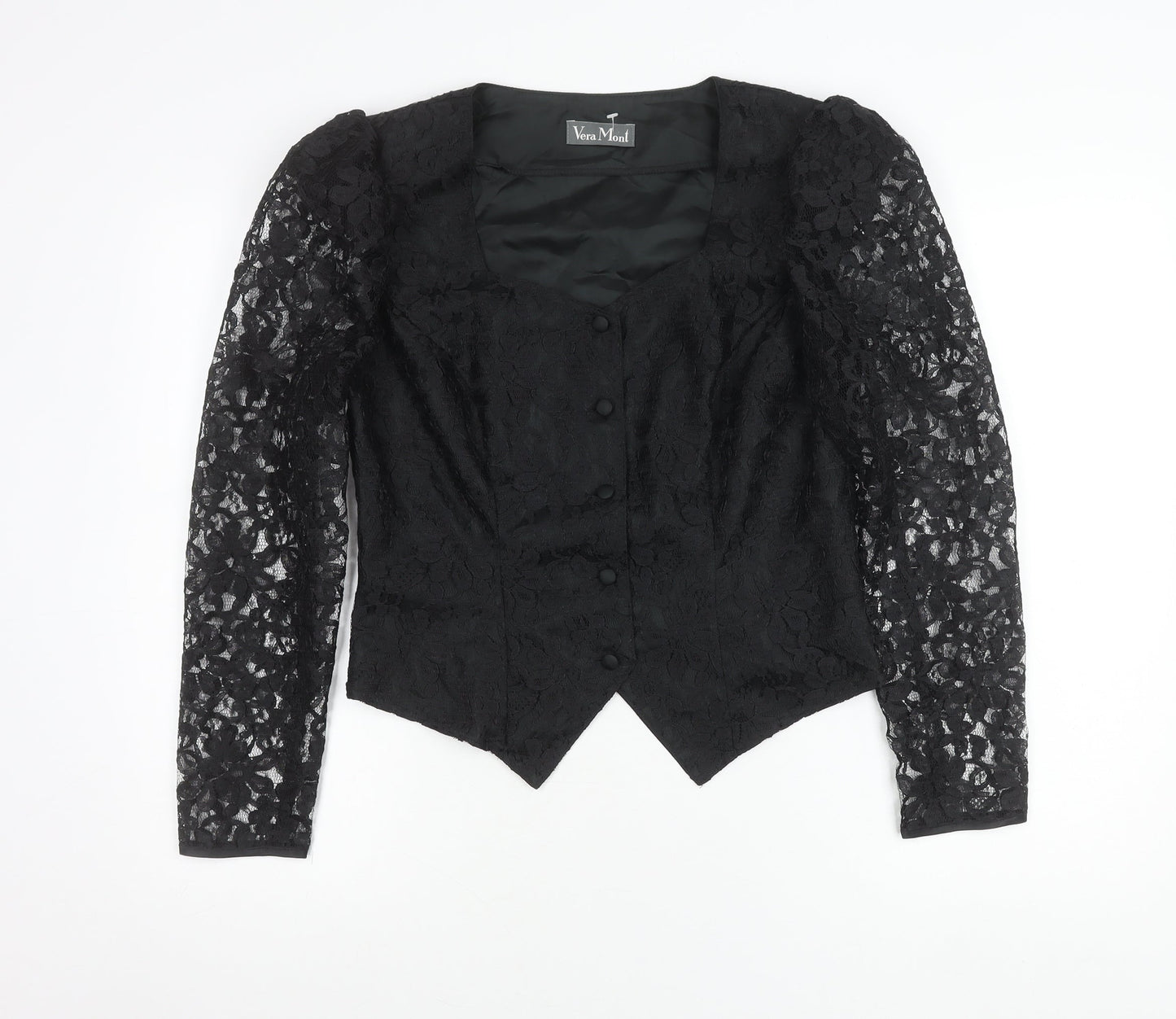 Vera Mont Women's Black Lace Blouse Size 14 Square Neck Puff Sleeve