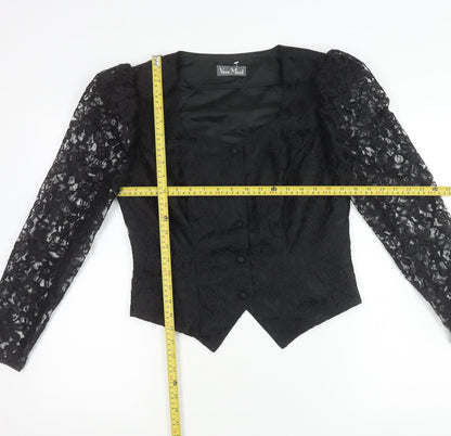 Vera Mont Women's Black Lace Blouse Size 14 Square Neck Puff Sleeve