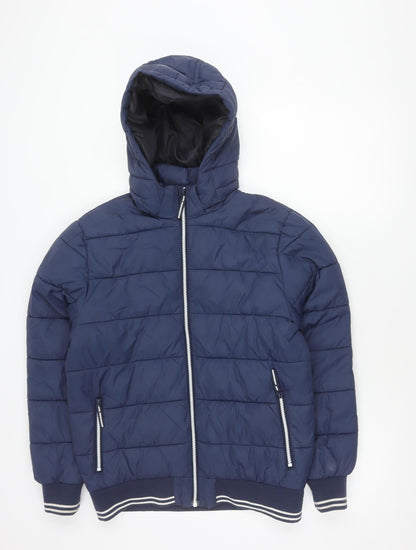 H&M Boys Blue Hooded Puffer Jacket 14 Years Quilted Winter Coat