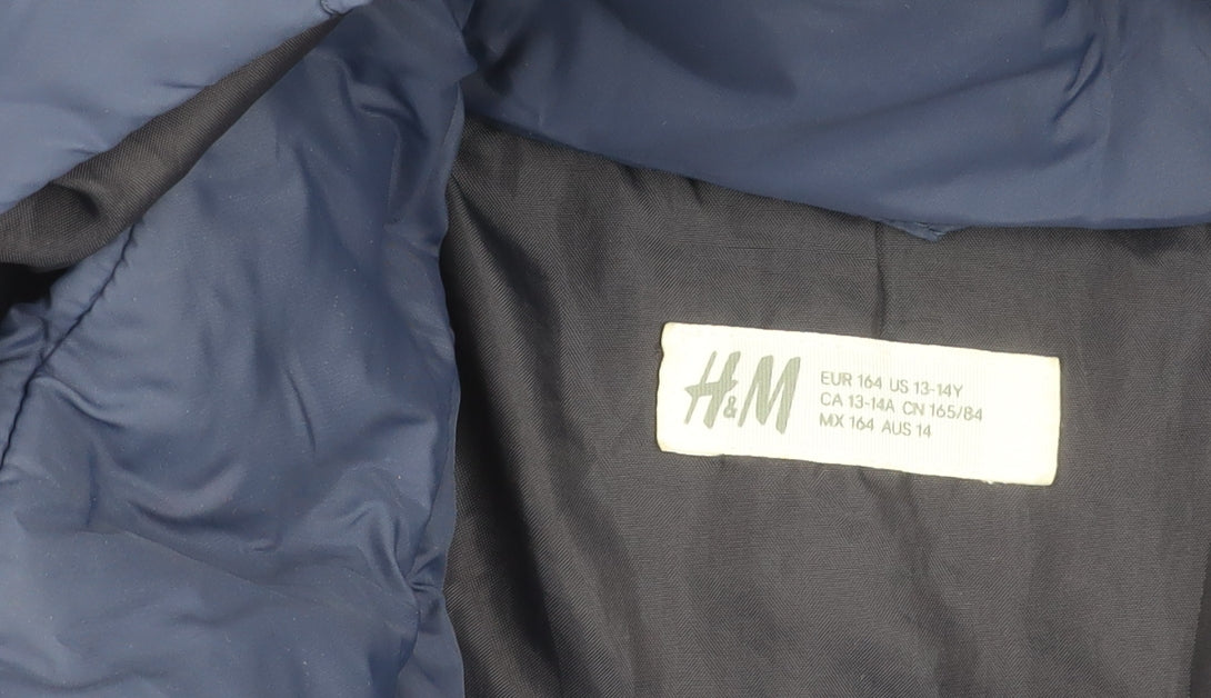 H&M Boys Blue Hooded Puffer Jacket 14 Years Quilted Winter Coat
