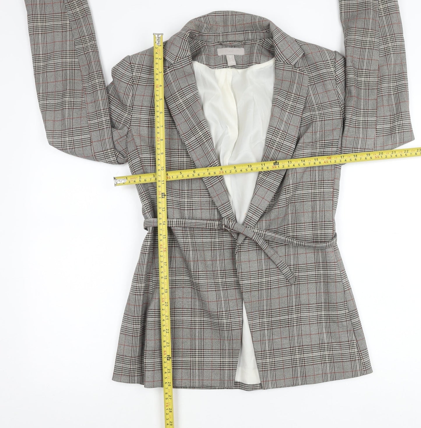 H&M Women’s Grey Check Belted Blazer UK 8 Work Casual Jacket