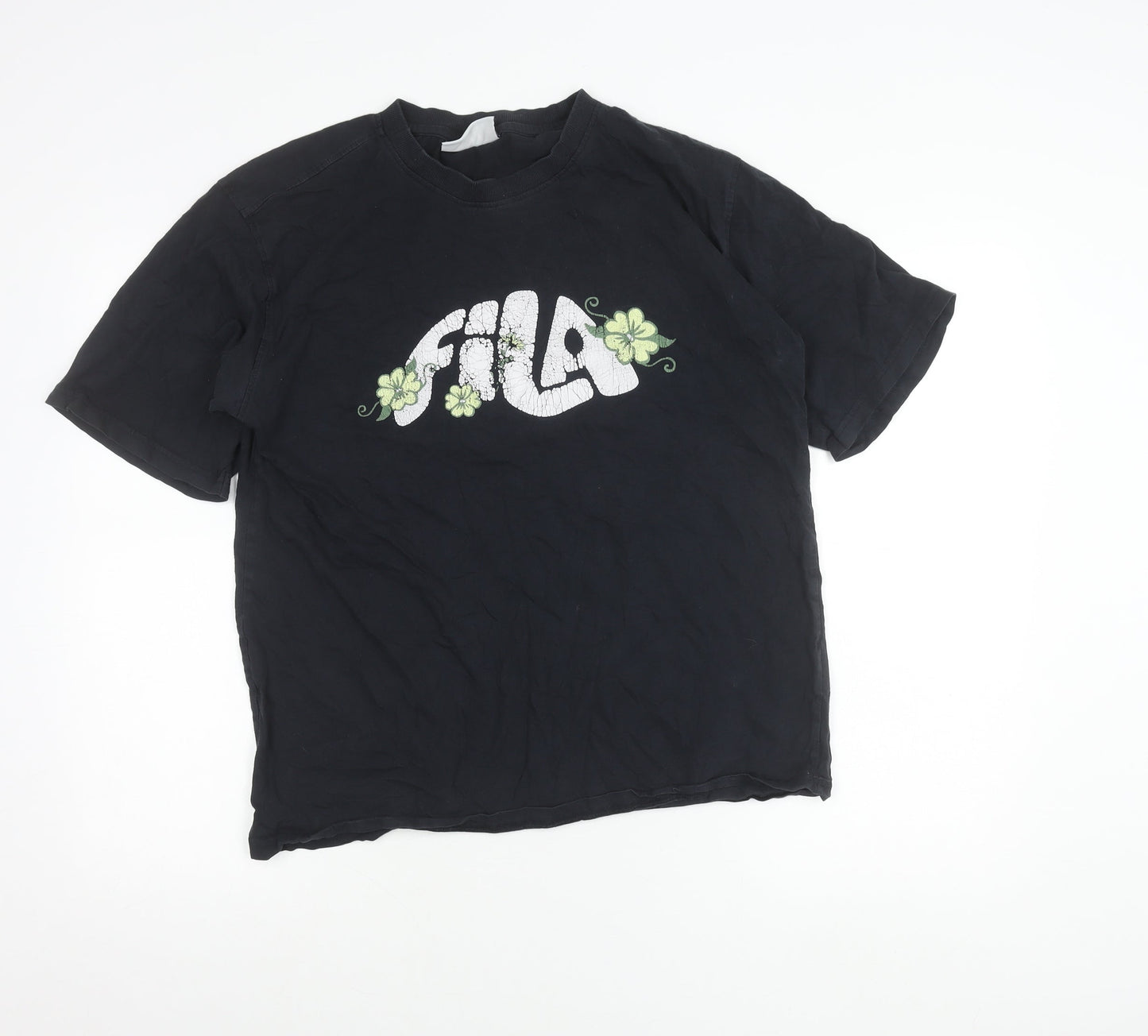 FILA Womens Black Floral Logo T-Shirt Size M Short Sleeve Cotton