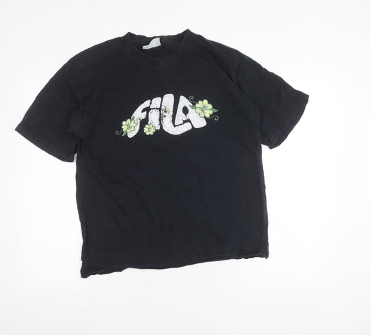 FILA Womens Black Floral Logo T-Shirt Size M Short Sleeve Cotton