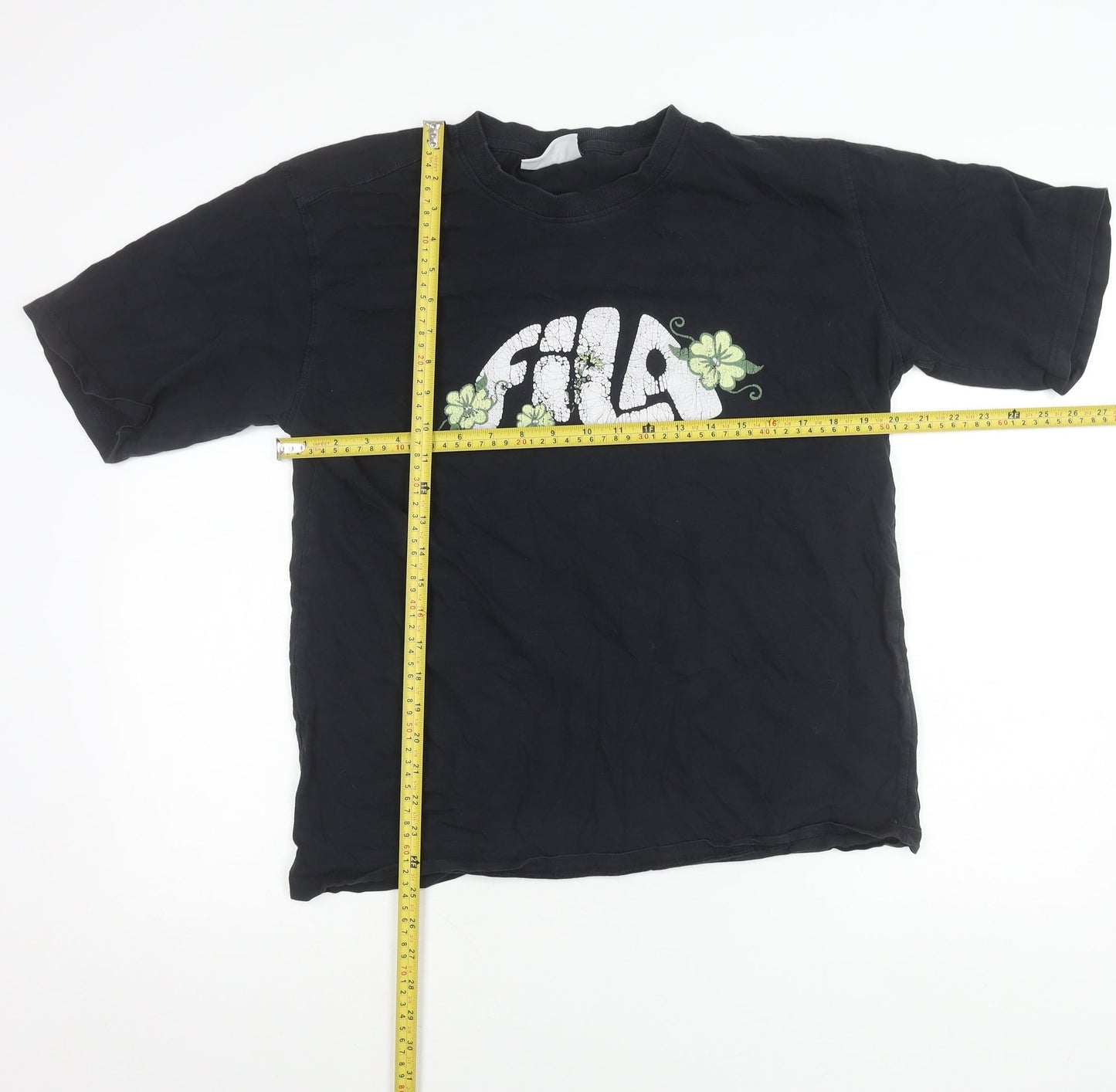 FILA Womens Black Floral Logo T-Shirt Size M Short Sleeve Cotton