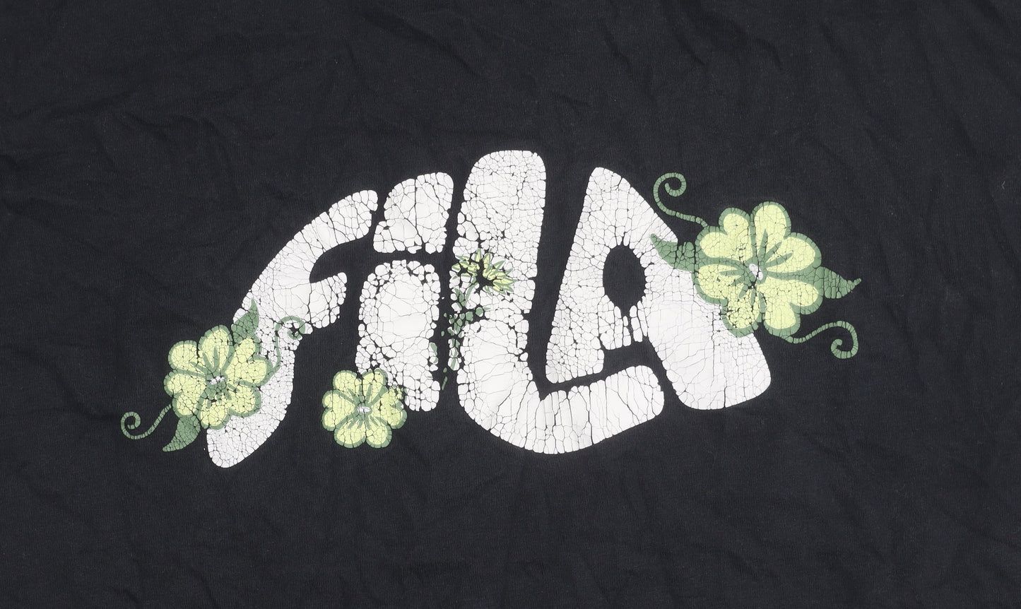 FILA Womens Black Floral Logo T-Shirt Size M Short Sleeve Cotton