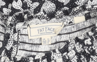 Fat Face Womens Black Floral Cotton Blouse UK 12 Tunic Style 3/4 Sleeve