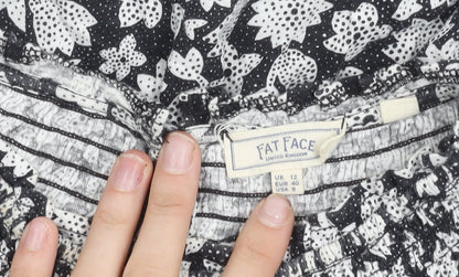 Fat Face Womens Black Floral Cotton Blouse UK 12 Tunic Style 3/4 Sleeve