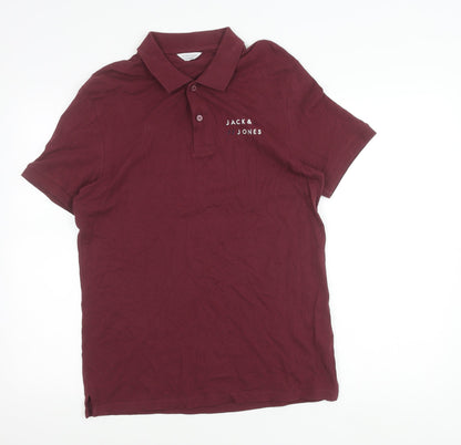 Jack & Jones Men's Red Cotton Polo Shirt Size M Short Sleeve Logo