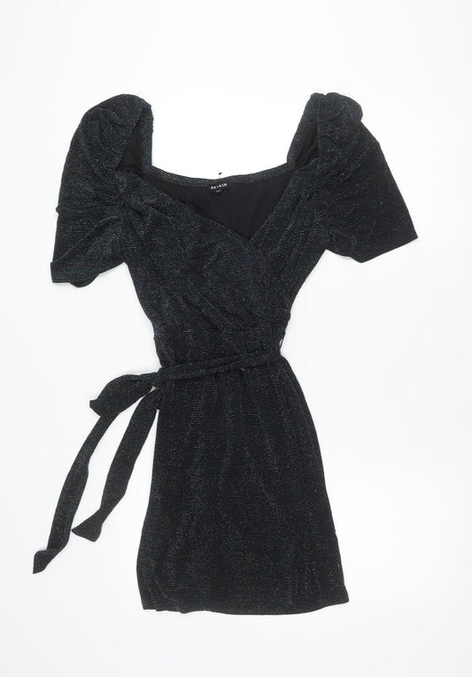 MAX+ASH Women's Black Glitter Puff Sleeve Short Bodycon Dress L