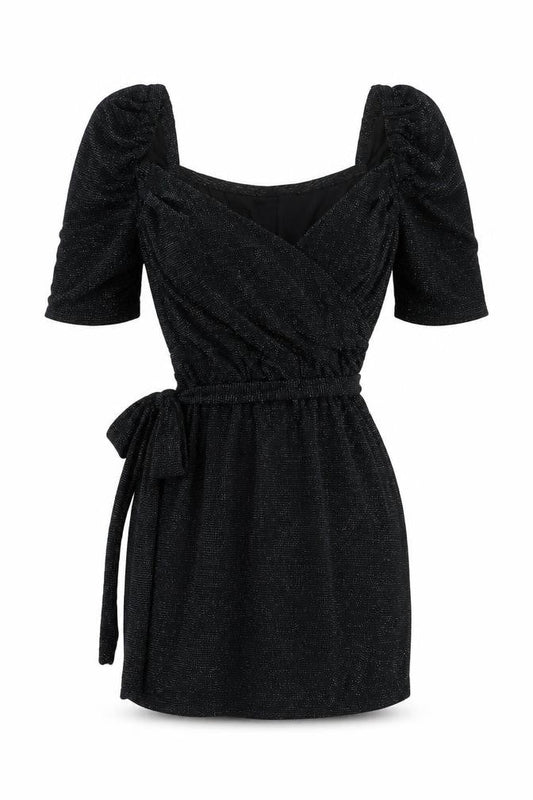 MAX+ASH Women's Black Glitter Puff Sleeve Short Bodycon Dress L
