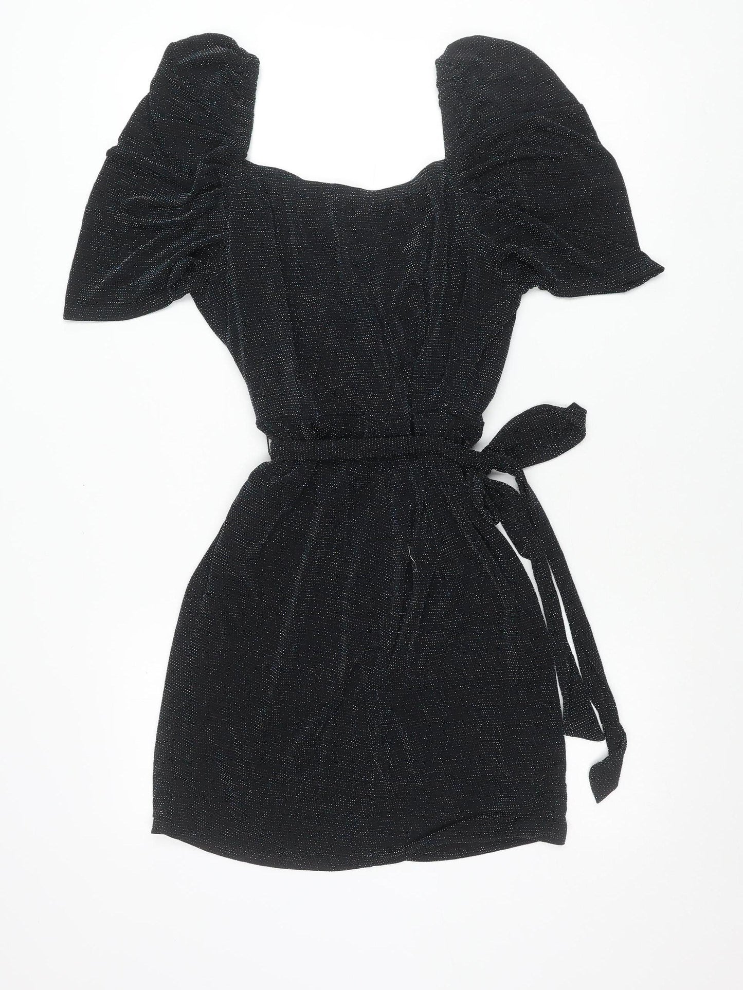MAX+ASH Women's Black Glitter Puff Sleeve Short Bodycon Dress L