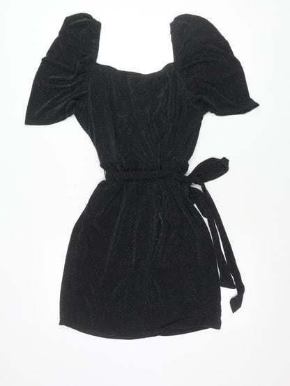 MAX+ASH Women's Black Glitter Puff Sleeve Short Bodycon Dress L