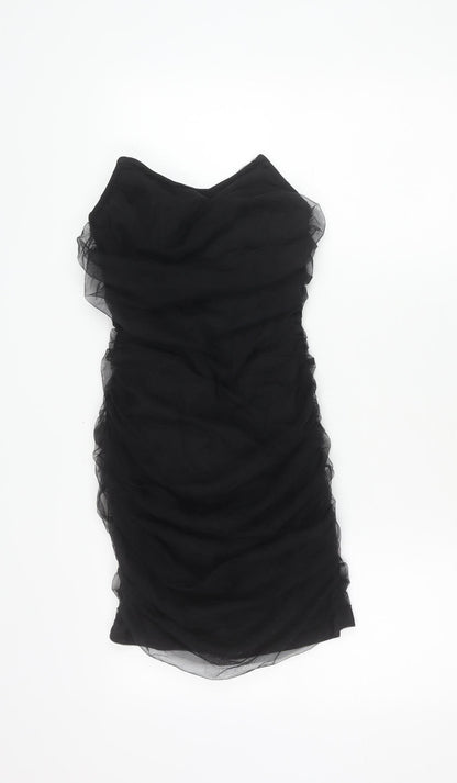 PrettyLittleThing Women’s Black Strapless Bodycon Dress UK 8 Party Ruched
