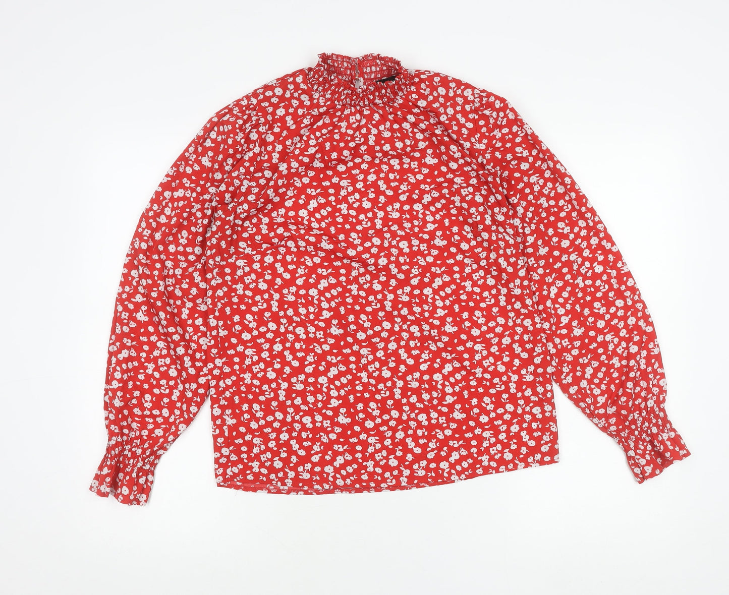 New Look Womens Red Floral Long Sleeve High Neck Blouse Size 8