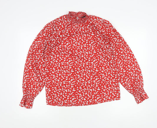 New Look Womens Red Floral Long Sleeve High Neck Blouse Size 8