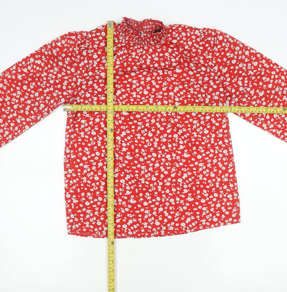New Look Womens Red Floral Long Sleeve High Neck Blouse Size 8