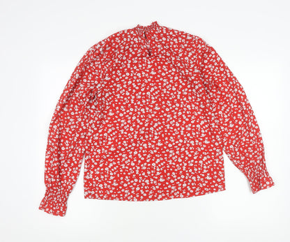 New Look Womens Red Floral Long Sleeve High Neck Blouse Size 8