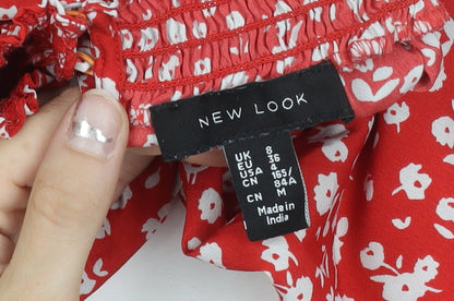 New Look Womens Red Floral Long Sleeve High Neck Blouse Size 8