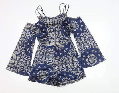 Motel Womens Blue Paisley Cold Shoulder Long Sleeve Playsuit Size 6