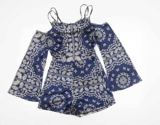 Motel Womens Blue Paisley Cold Shoulder Long Sleeve Playsuit Size 6