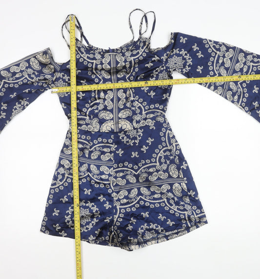 Motel Womens Blue Paisley Cold Shoulder Long Sleeve Playsuit Size 6