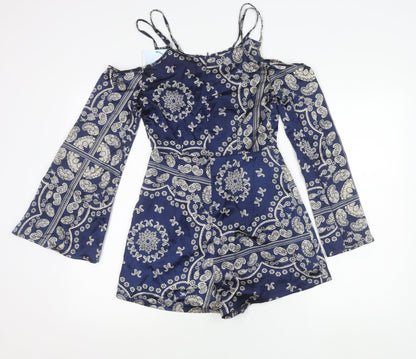 Motel Womens Blue Paisley Cold Shoulder Long Sleeve Playsuit Size 6