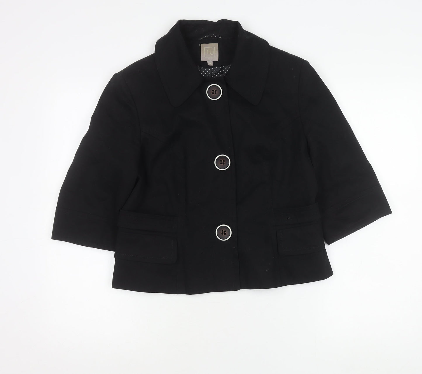 TU Women’s Black Cotton Jacket Size 14 Short 3/4 Sleeve Buttoned