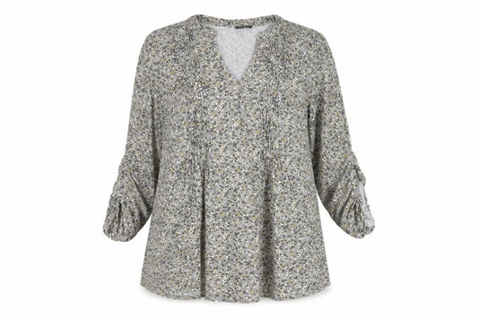 Front view of Roman women’s grey floral tunic blouse, size UK 14, viscose
