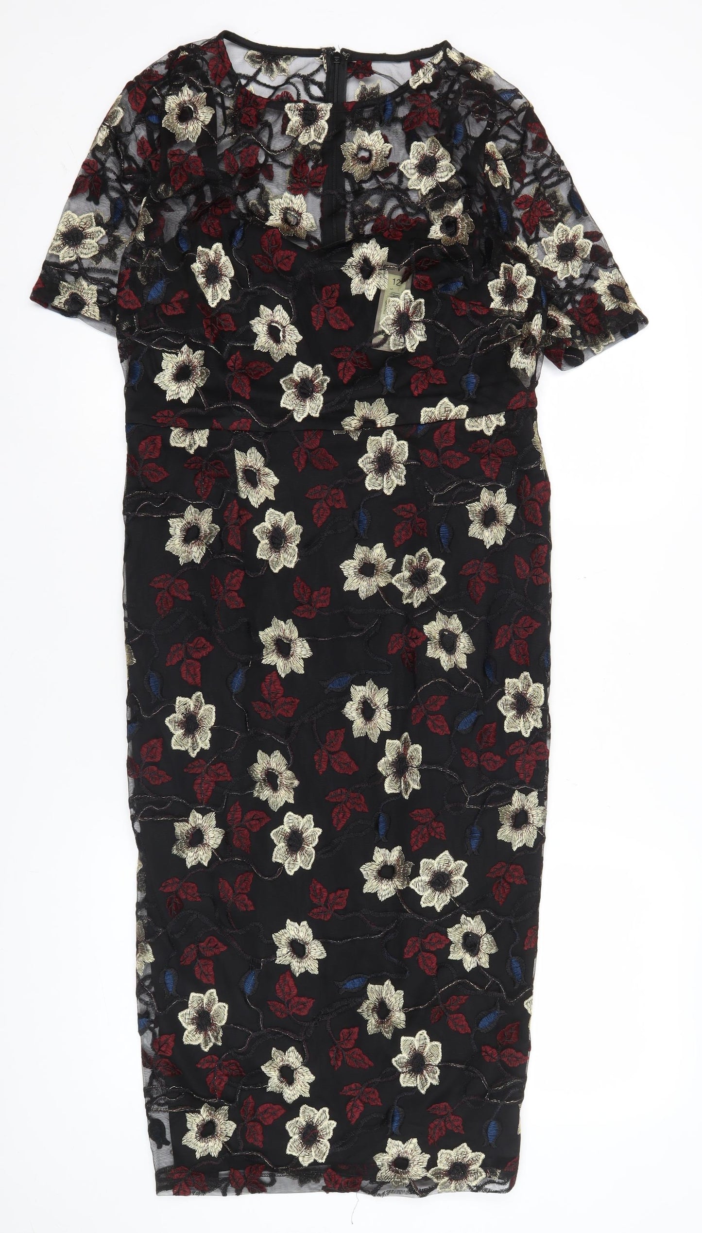 M&Co Boutique Womens Black Floral Embroidered Sheath Dress Size 12